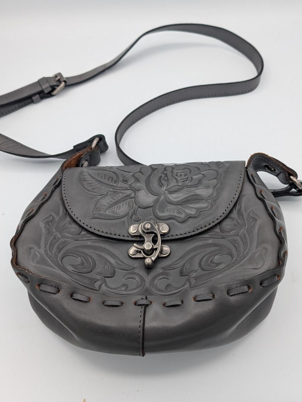 Patricia Nash Lucia Embossed Tooled Leather Gray Crossbody handbag